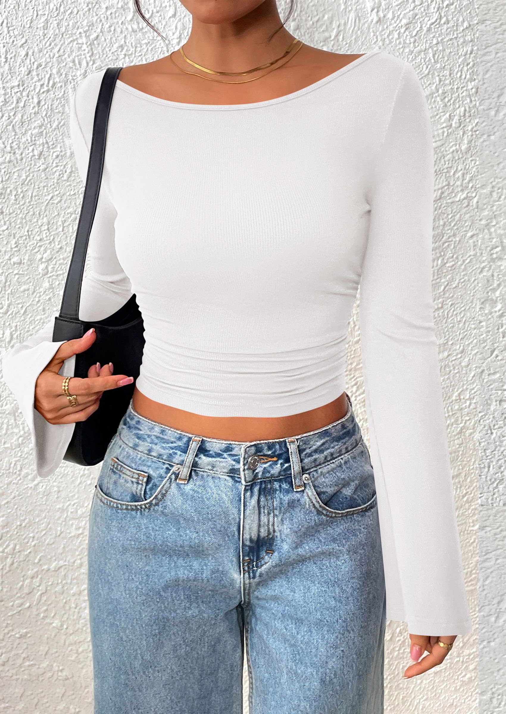 PRETTYGARDEN Women's Long Sleeve Shirts Fall Going Out Tops Casual Boat Neck Bell Sleeve Ribbed Ruched Y2K Clothes