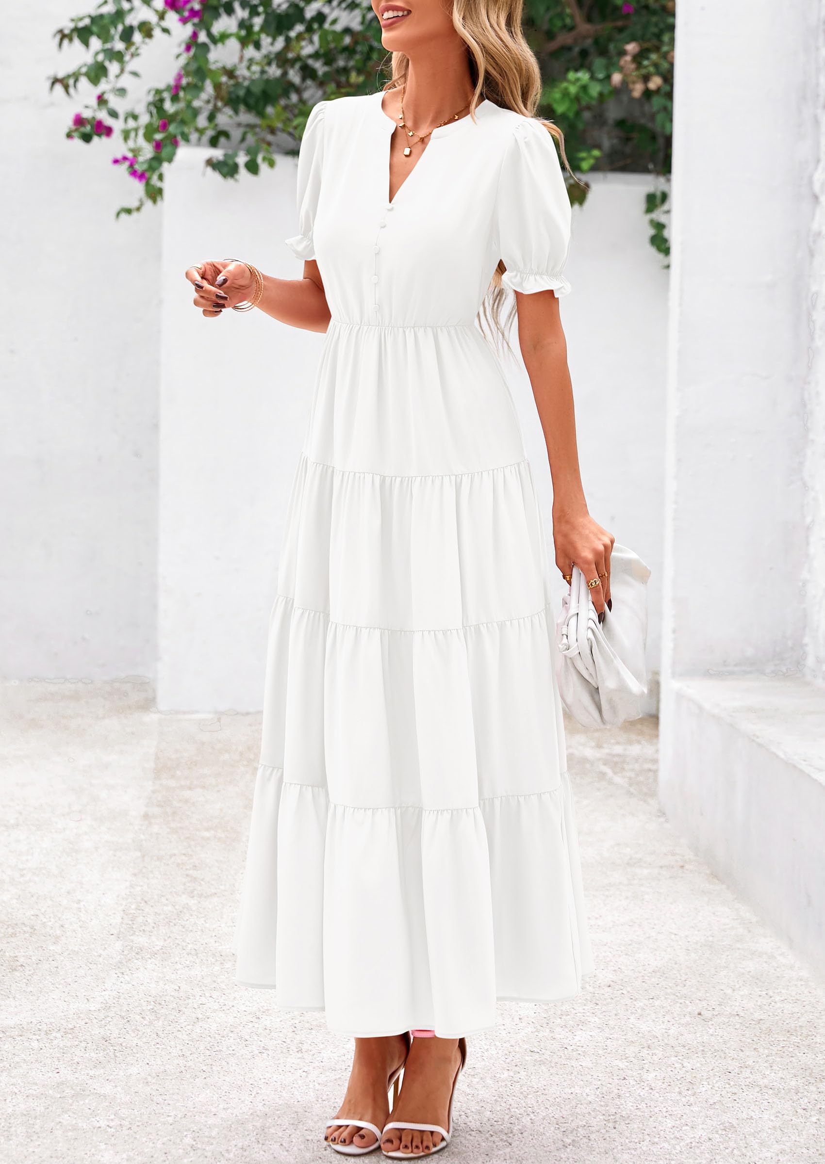 PRETTYGARDEN Women's Casual Short Sleeve V Neck Midi Dresses Spring A-line Tiered Wedding Guest Dress