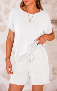 PRETTYGARDEN Two Piece Set for Women Summer Lounge Sets Shorts And Short Sleeve Tops Knitted Matching Travel Spring Outfits PRETTYGARDEN