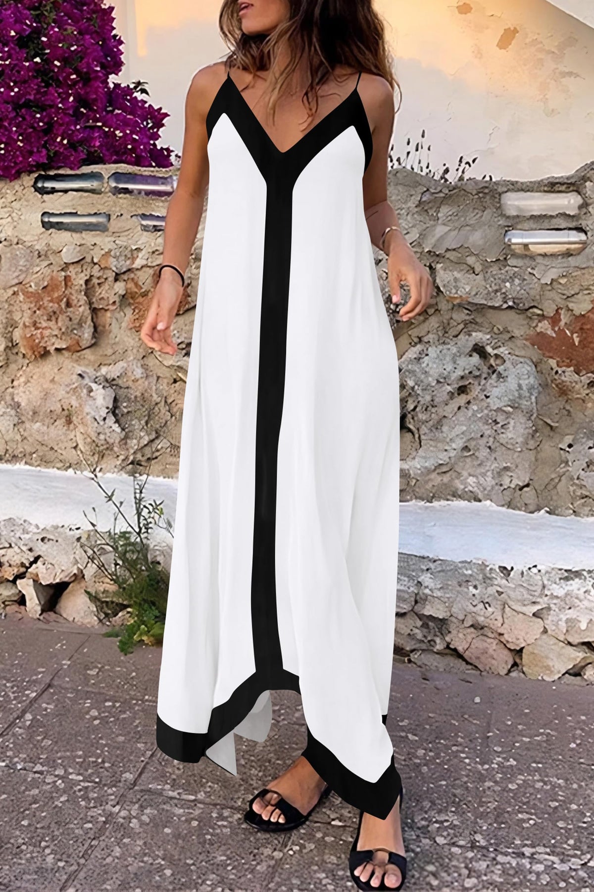 Elegant V Neck Spaghetti Strap Flowy Maxi Cocktail Party Dresses