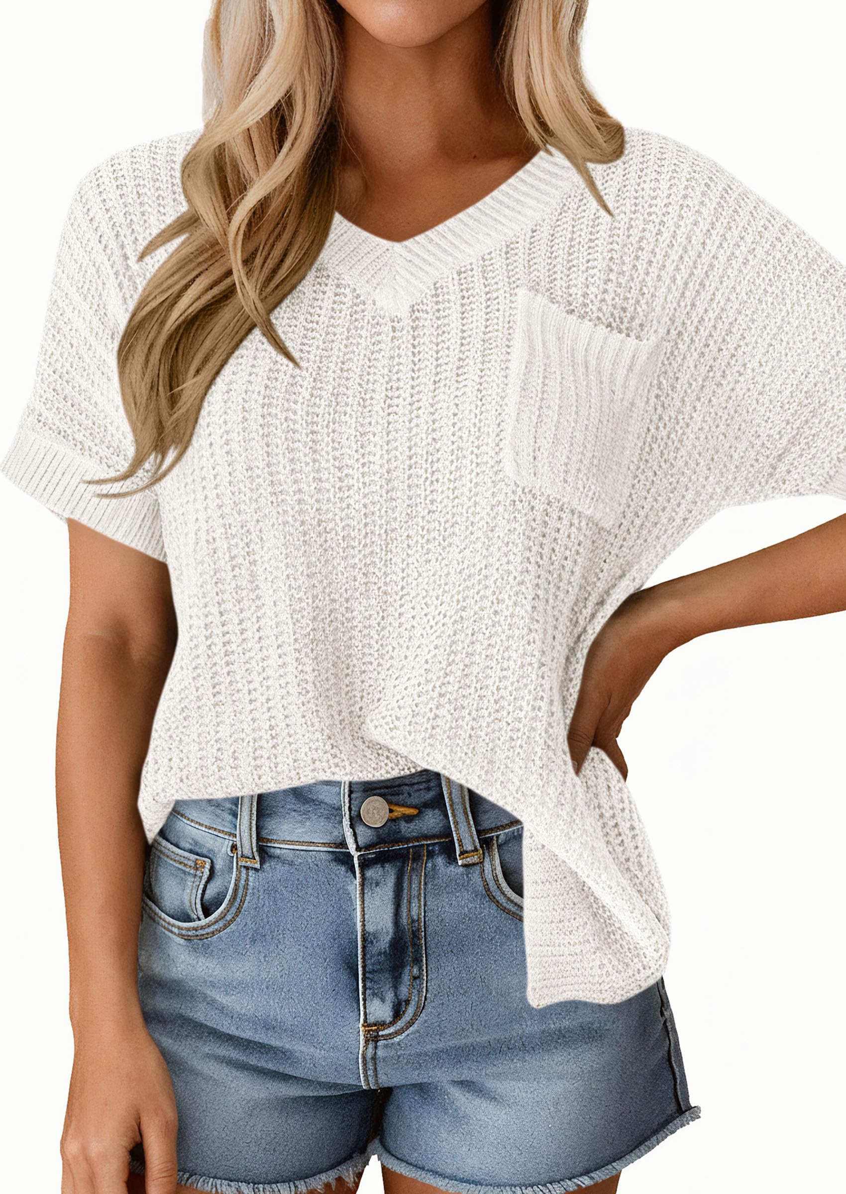 PRETTYGARDEN Women's Spring Short Sleeve Sweaters Lightweight V Neck Casual Going Out Summer T PRETTYGARDEN