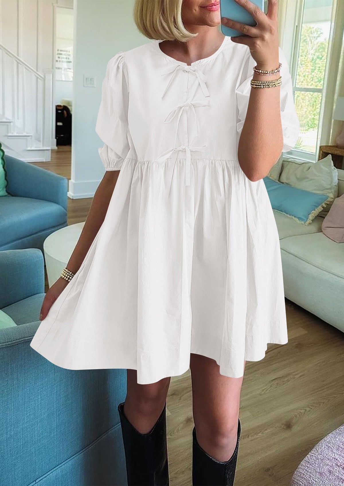 Womens Summer Casual Short Sleeve Dresses A Line Bow Tie Front Babydoll Loose Cute Mini Dress with Pockets