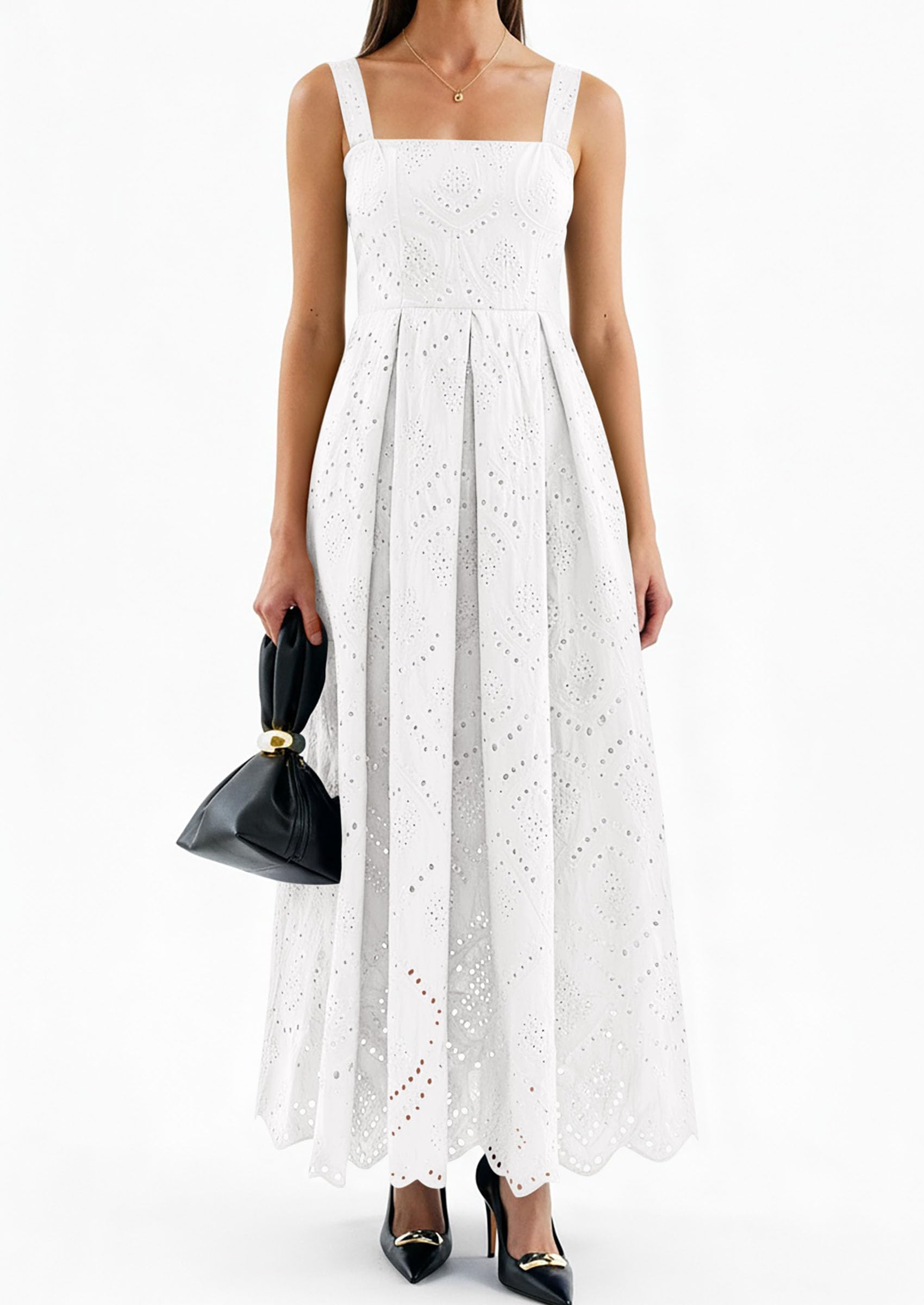 PRETTYGARDEN Womens Sleeveless Maxi Summer Dresses Hollow Out Eyelet Square Neck Ruffle Flowy Beach Vacation Sundress PRETTYGARDEN