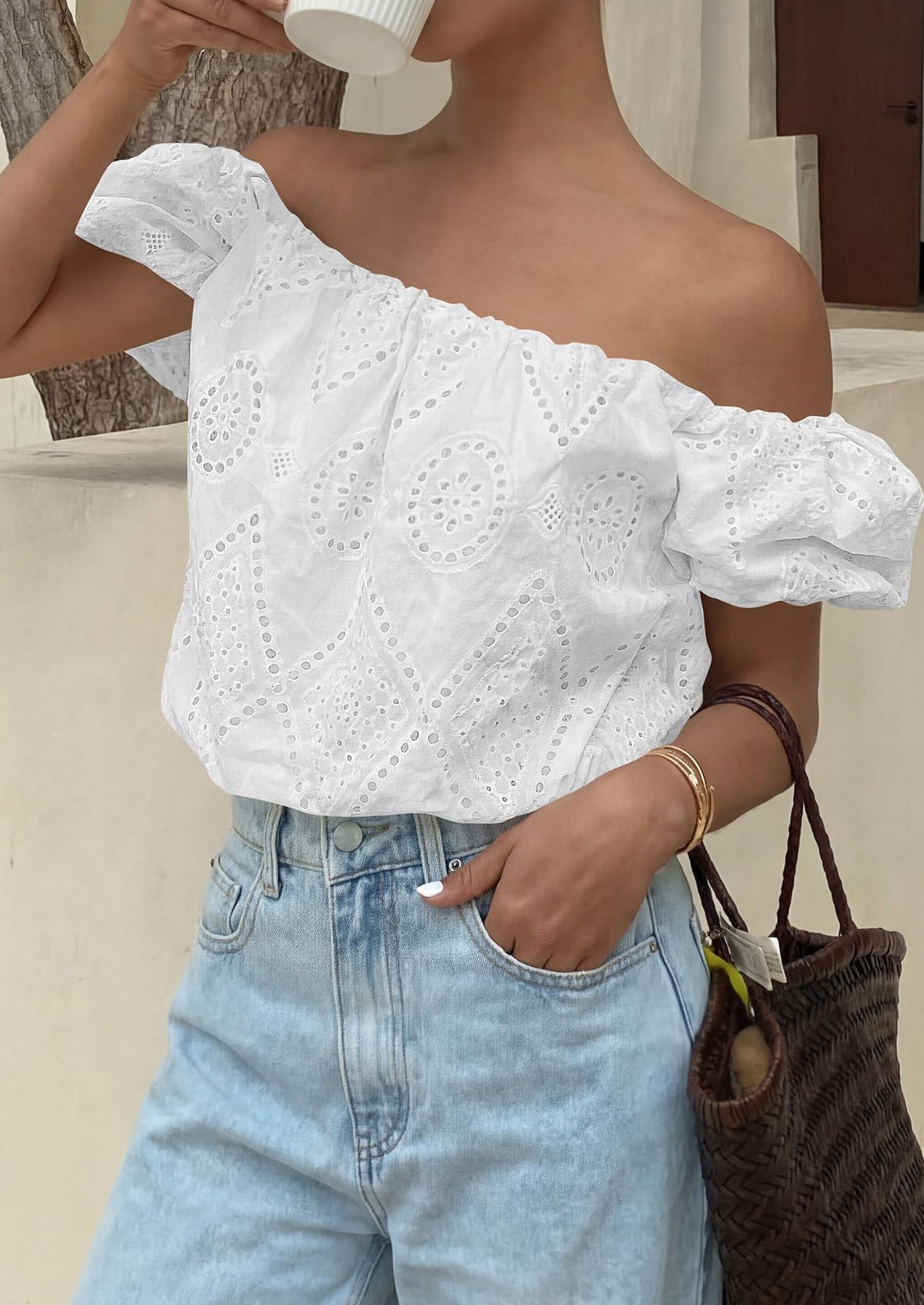PRETTYGARDEN Women's Summer Off The Shoulder Tops Dressy Casual Puff Short Sleeve Embroidered Eyelet Cute Blouse Shirts PRETTYGARDEN
