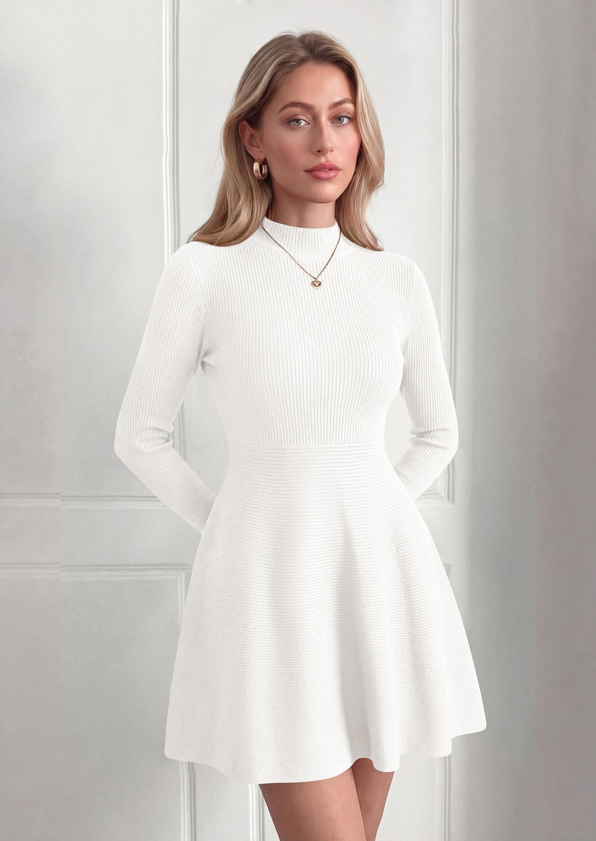 PRETTYGARDEN Womens Mock Neck Long Sleeve Sweater Mini Dress | Soft Ribbed Knit Flared A‑Line, Elegant Fall Winter Dresses for Wedding Guest, Cocktail & Holiday Party Casual Outfits