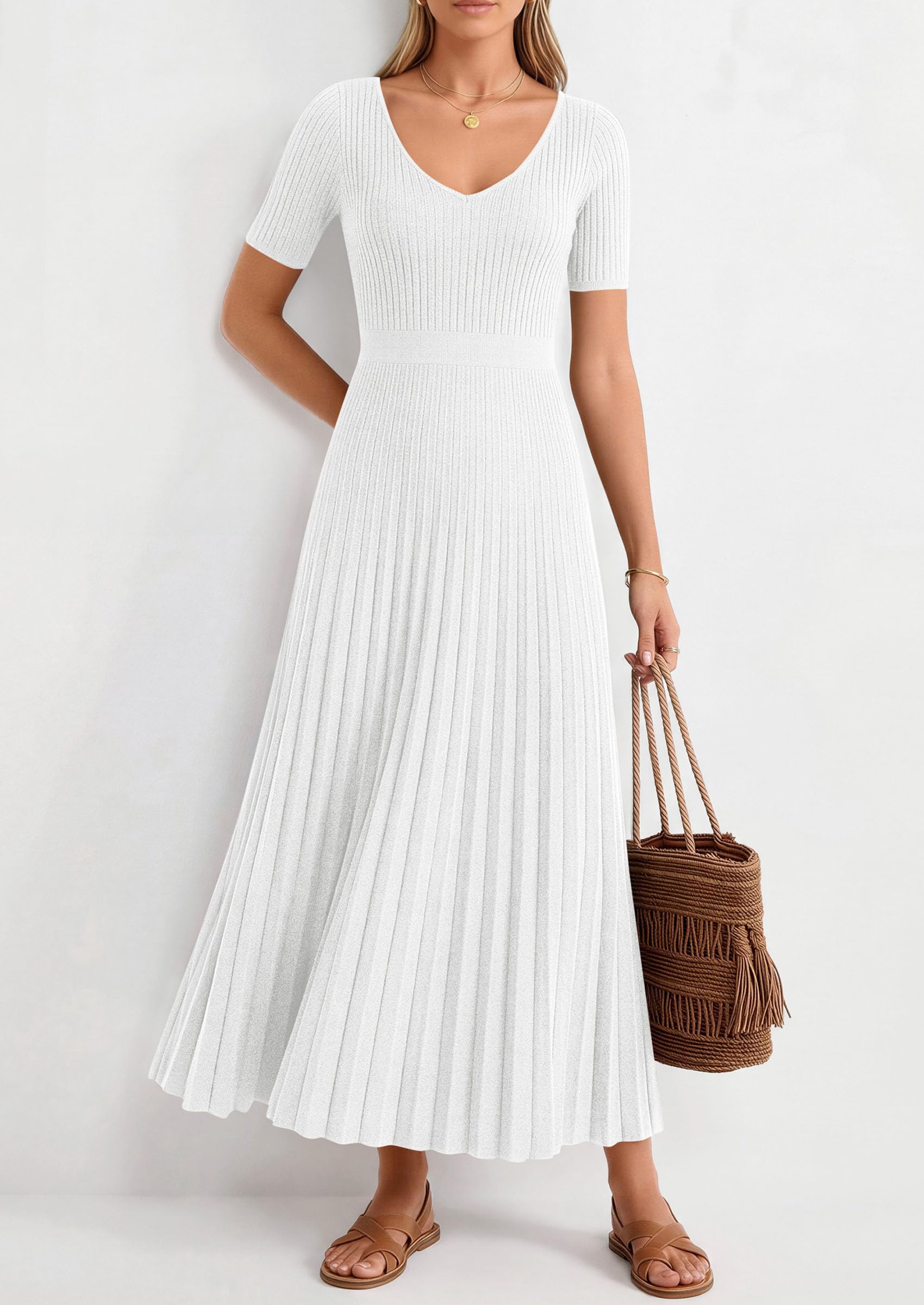 PRETTYGARDEN Women's Spring Midi Sweater Dresses Elegant Pleated Ribbed Knit Short Sleeve V Neck A Line Summer Outfits PRETTYGARDEN