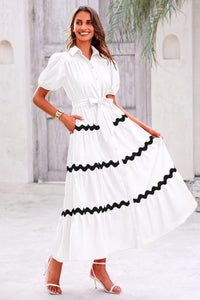 Summer Maxi Button Down Puff Short Sleeve Ruffle Long Flowy Shirt Dresses With Belt