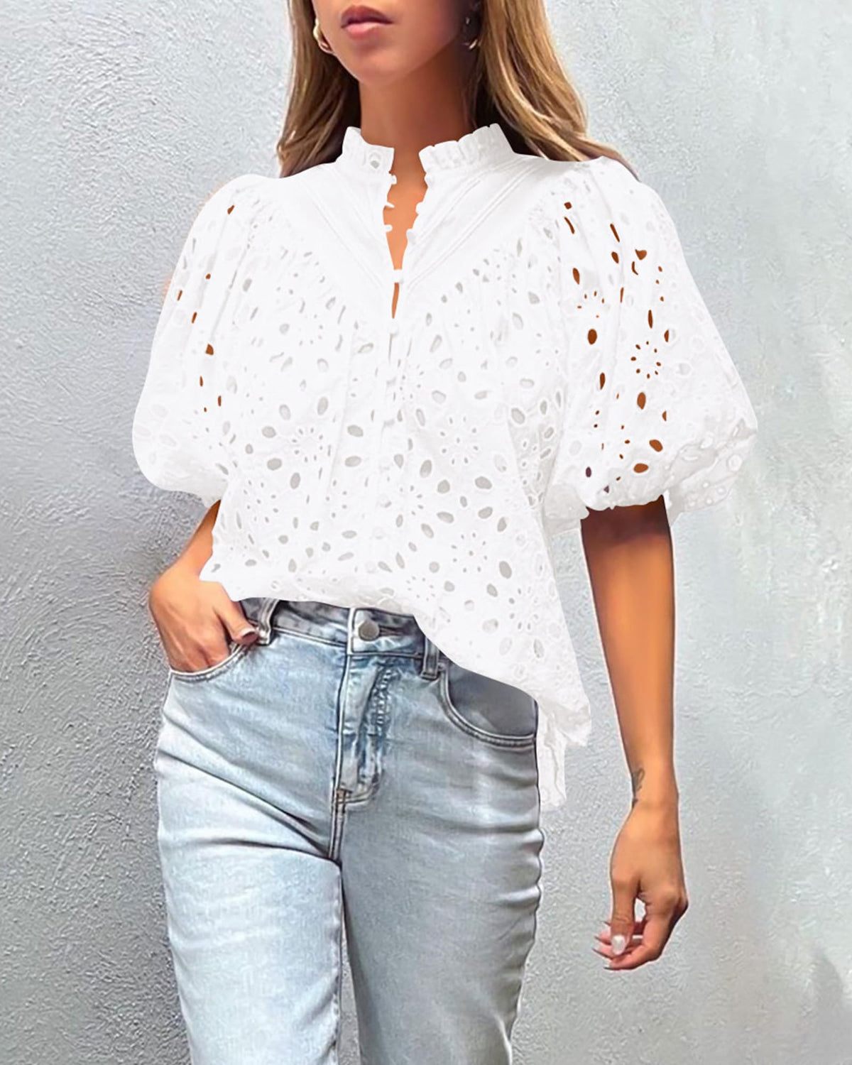 Casual Short Lantern Sleeve V Neck Buttons Hollow Out Lace Embroidered Blouses