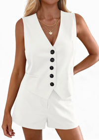 PRETTYGARDEN 2 Piece Sets for Women Spring Fashion Button Vest Tops High Waist Shorts Summer Business Casual Outfits PRETTYGARDEN