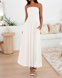 BTFBM Summer Maxi Dresses for Women Strapless Ruched Tube Top Beach Vacation Spring Wedding Guest Dress Pockets PRETTYGARDEN