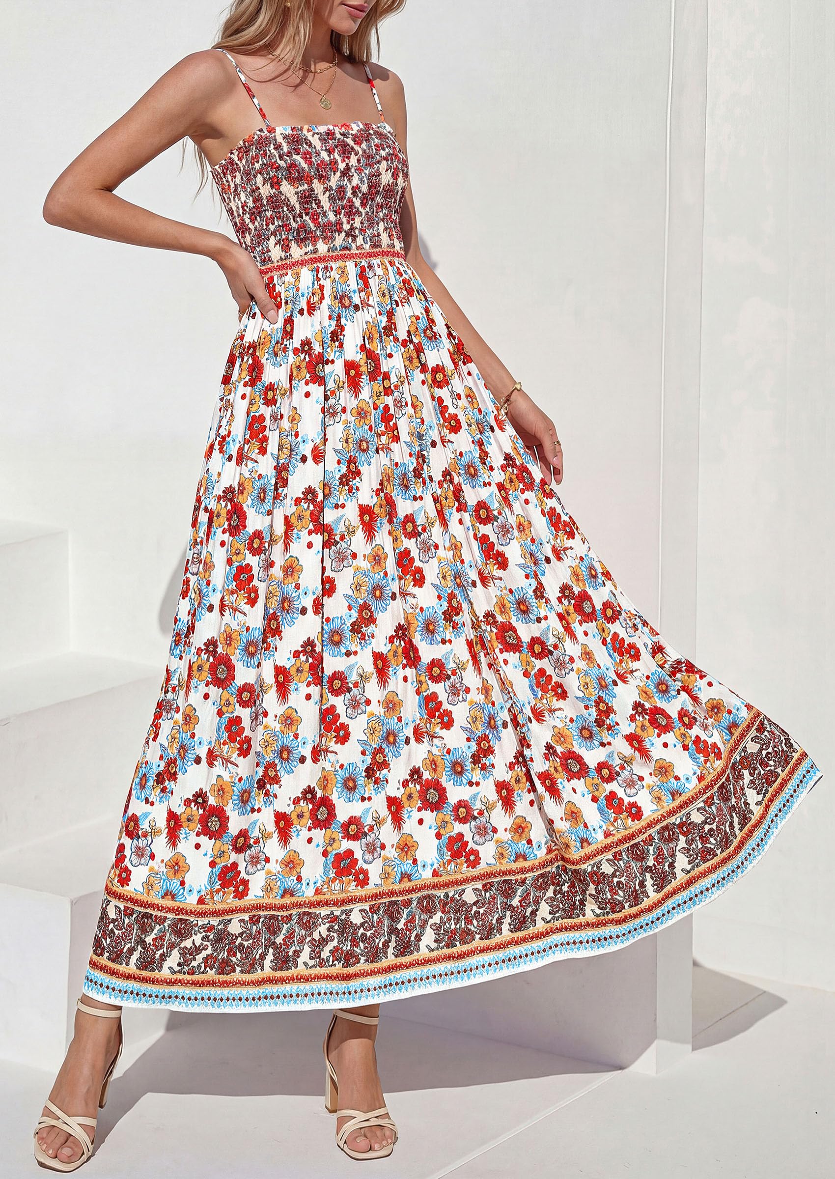 PRETTYGARDEN Womens Floral Maxi Dress Boho Casual Summer Spaghetti Strap Smocked Sleeveless Flowy Beach Vacation Dresses