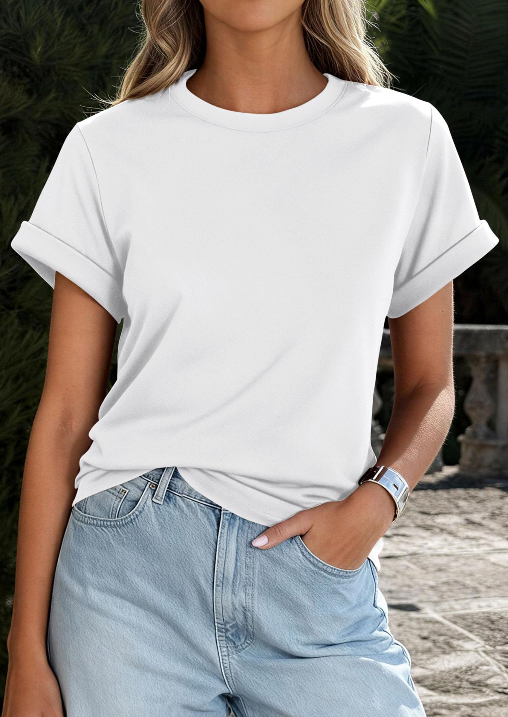 PRETTYGARDEN Womens Summer Tops Spring Casual Rolled Short Sleeve Basic Tees Crew Neck Work Shirts Fashion Clothing PRETTYGARDEN