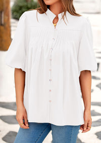 Women's 2025 Summer Short Lantern Sleeve Tops Loose Fit Button Down Shirt Casual Pleated V Neck Blouses