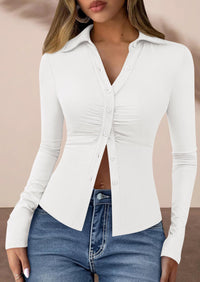 PRETTYGARDEN Womens Button Down Shirts V Neck Collared Ruched Slim Fit Long Sleeve Shirt Casual Fall Fashion Ladies Tops PRETTYGARDEN