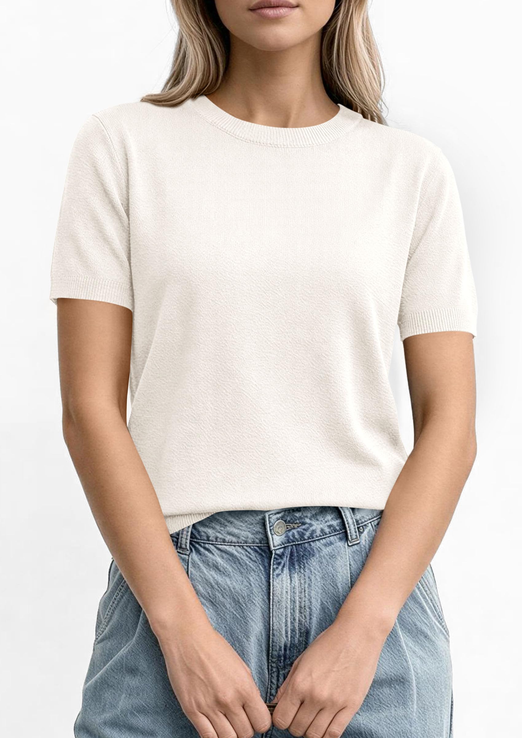 PRETTYGARDEN Women's Short Sleeve Sweaters Spring Crew Neck Knit Work Shirts Business Casual Tops Summer Fashion Clothes PRETTYGARDEN