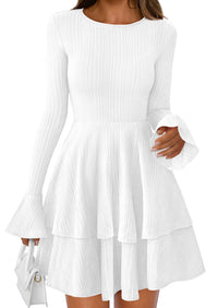 PRETTYGARDEN Womens Spring Fashion Long Bell Sleeve Mini Sweater Dress Casual Crewneck A Line Knit Short Cocktail Dresses - PRETTYGARDEN