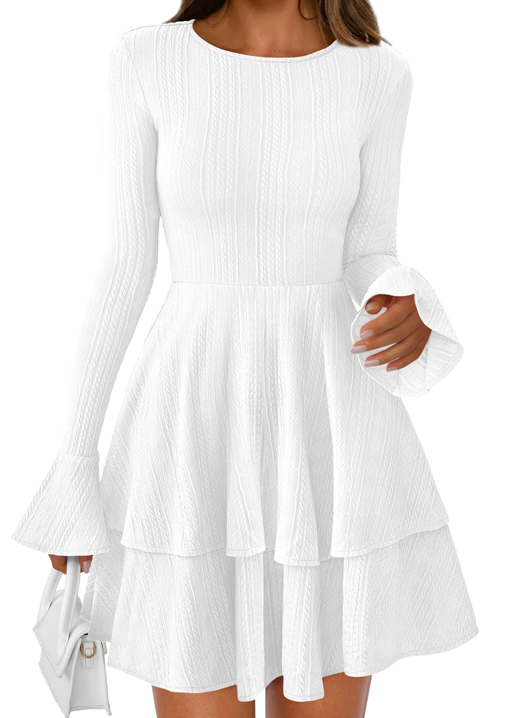 PRETTYGARDEN Womens Spring Fashion Long Bell Sleeve Mini Sweater Dress Casual Crewneck A Line Knit Short Cocktail Dresses - PRETTYGARDEN