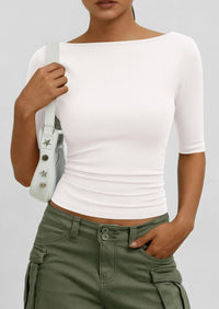 PRETTYGARDEN Womens Summer Short Sleeve Tops Boat Neck Ribbed Knit Slim Fit T Shirt Casual Basic Top Spring Clothes PRETTYGARDEN