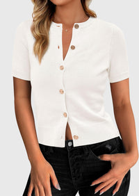 PRETTYGARDEN Womens Casual Summer Short Sleeve Cardigans Button Down Knitted Sweater Basic Crew Neck Crop Tops