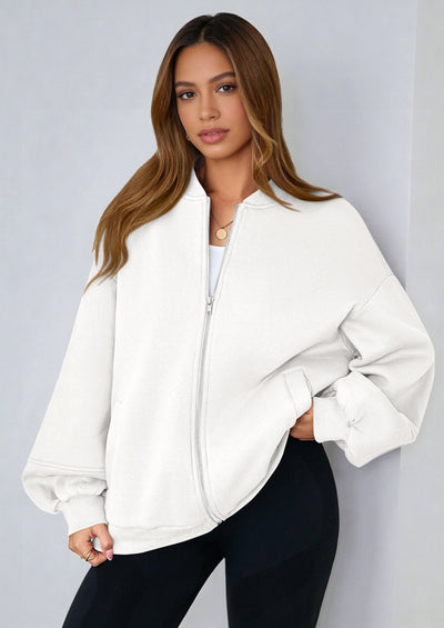 KIRUNDO Oversized Sweatshirt for Women Zip Up Bomber Jacket Fall Fashion Casual Long Sleeve Outerwear Winter Outfits