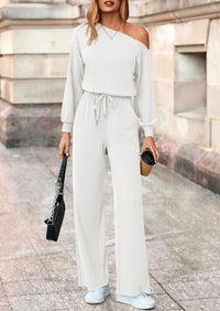 PRETTYGARDEN Long Sleeve Jumpsuit For Women Dressy Off Shoulder One Piece Loose Wide Leg Jumpsuits Casual Flowy Romper