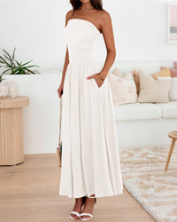 BTFBM Summer Maxi Dresses for Women Strapless Ruched Tube Top Beach Vacation Spring Wedding Guest Dress Pockets PRETTYGARDEN