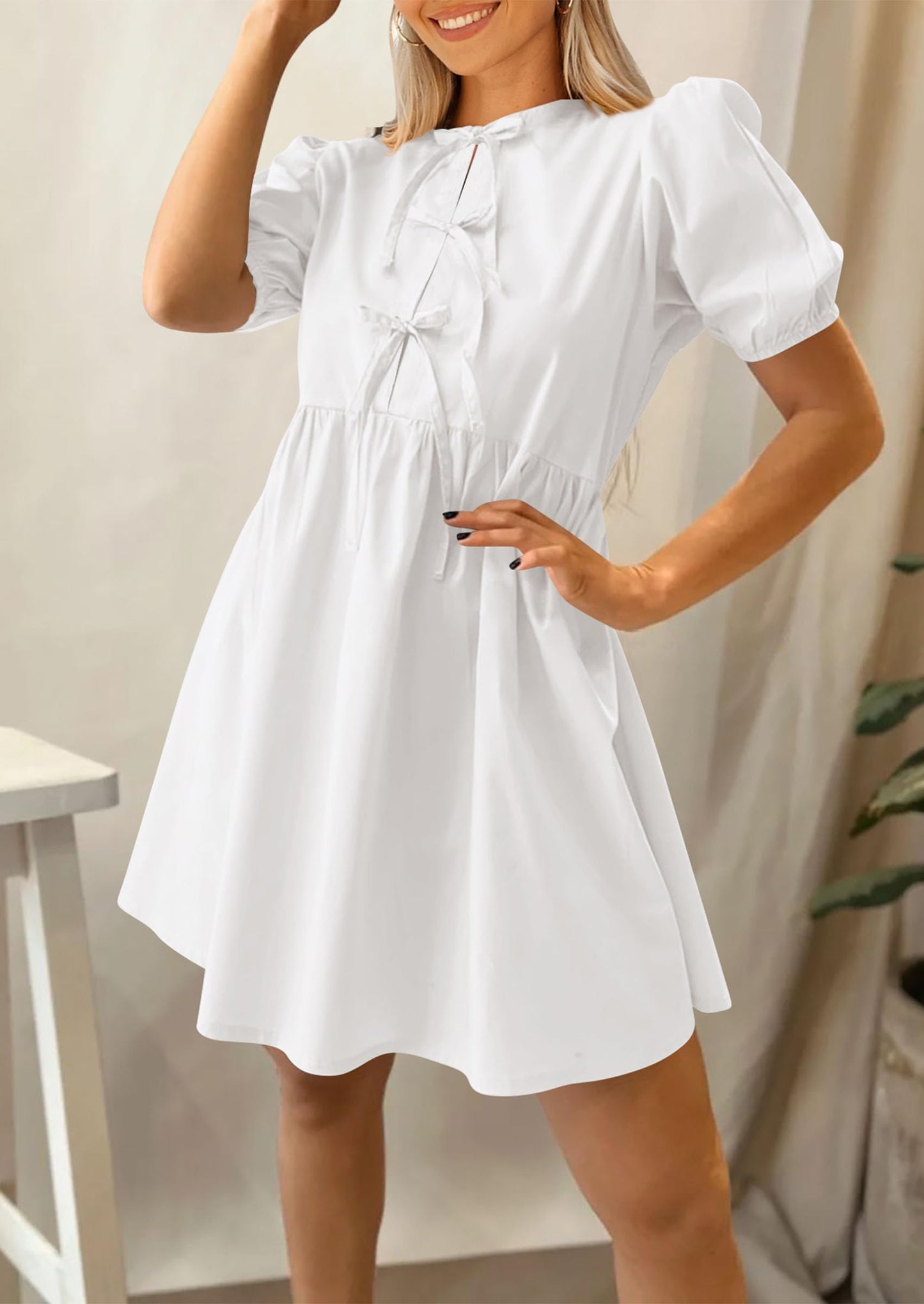 Womens Summer Casual Short Sleeve Dresses A Line Bow Tie Front Babydoll Loose Cute Mini Dress with Pockets