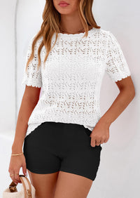 PRETTYGARDEN Women's Short Sleeve Sweater Trendy Crochet Summer Tops Casual Hollow Out Shirts Beach Vacation Clothes PRETTYGARDEN
