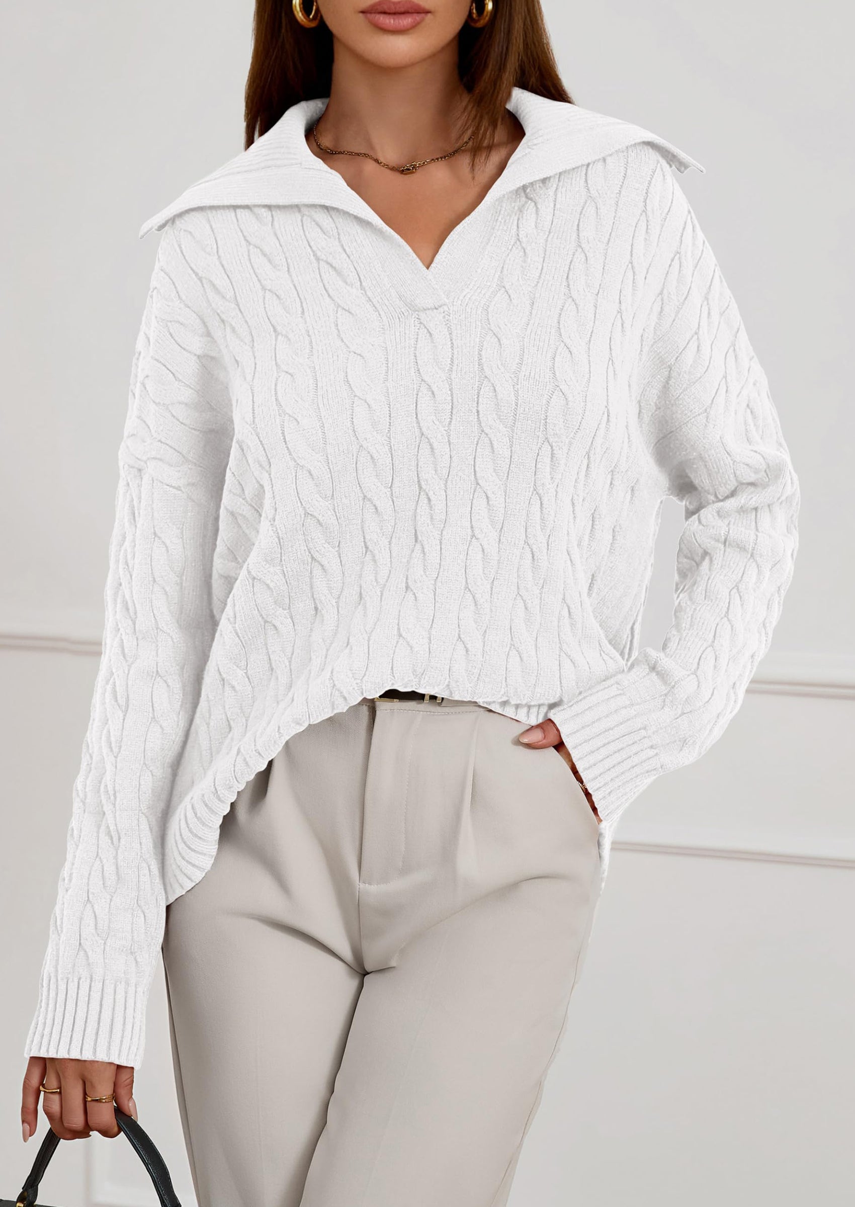 PRETTYGARDEN Fall Cable Knit Oversized Sweaters for Women Polo V Neck Long Sleeve Casual Chunky Sweater Pullover Tops PRETTYGARDEN