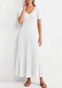 PRETTYGARDEN Women's Spring Midi Sweater Dresses Elegant Pleated Ribbed Knit Short Sleeve V Neck A Line Summer Outfits PRETTYGARDEN