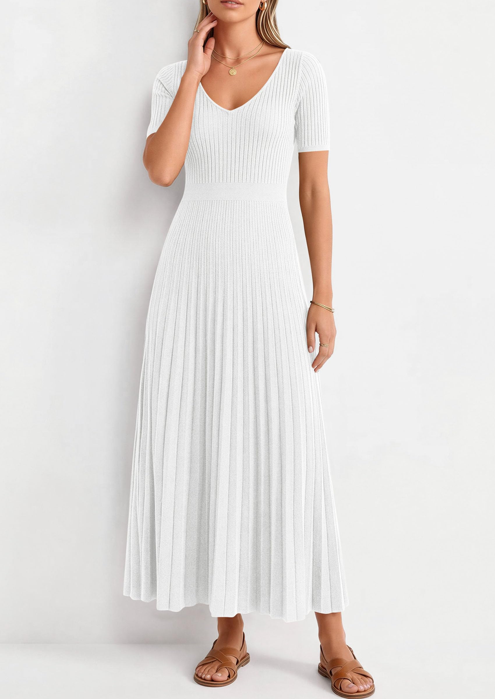 PRETTYGARDEN Women's Spring Midi Sweater Dresses Elegant Pleated Ribbed Knit Short Sleeve V Neck A Line Summer Outfits PRETTYGARDEN