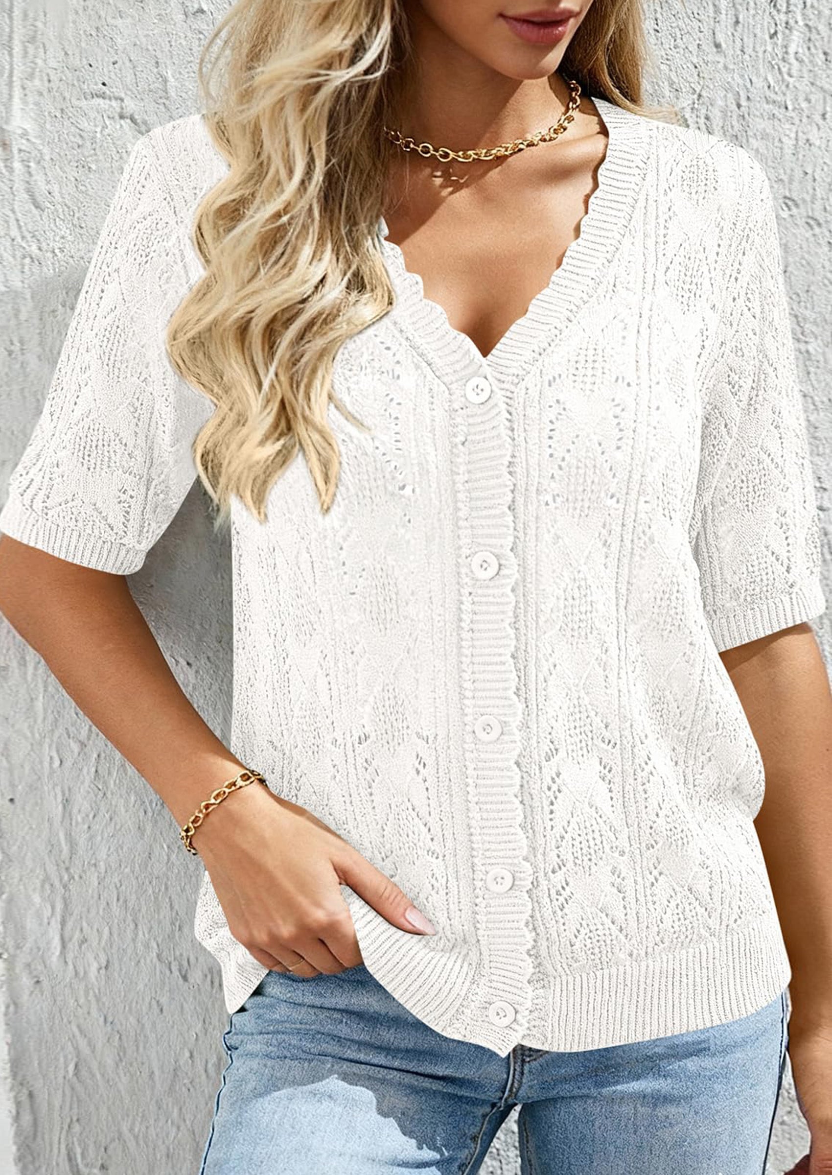 PRETTYGARDEN Short Sleeve Crochet Knit Summer Cardigans for Women Lightweight Button Down Hollow Out Sweater Beach Cover Up PRETTYGARDEN