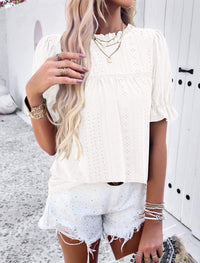 Casual Crew Neck Ruffle Short Sleeve Eyelet Babydoll Blouse