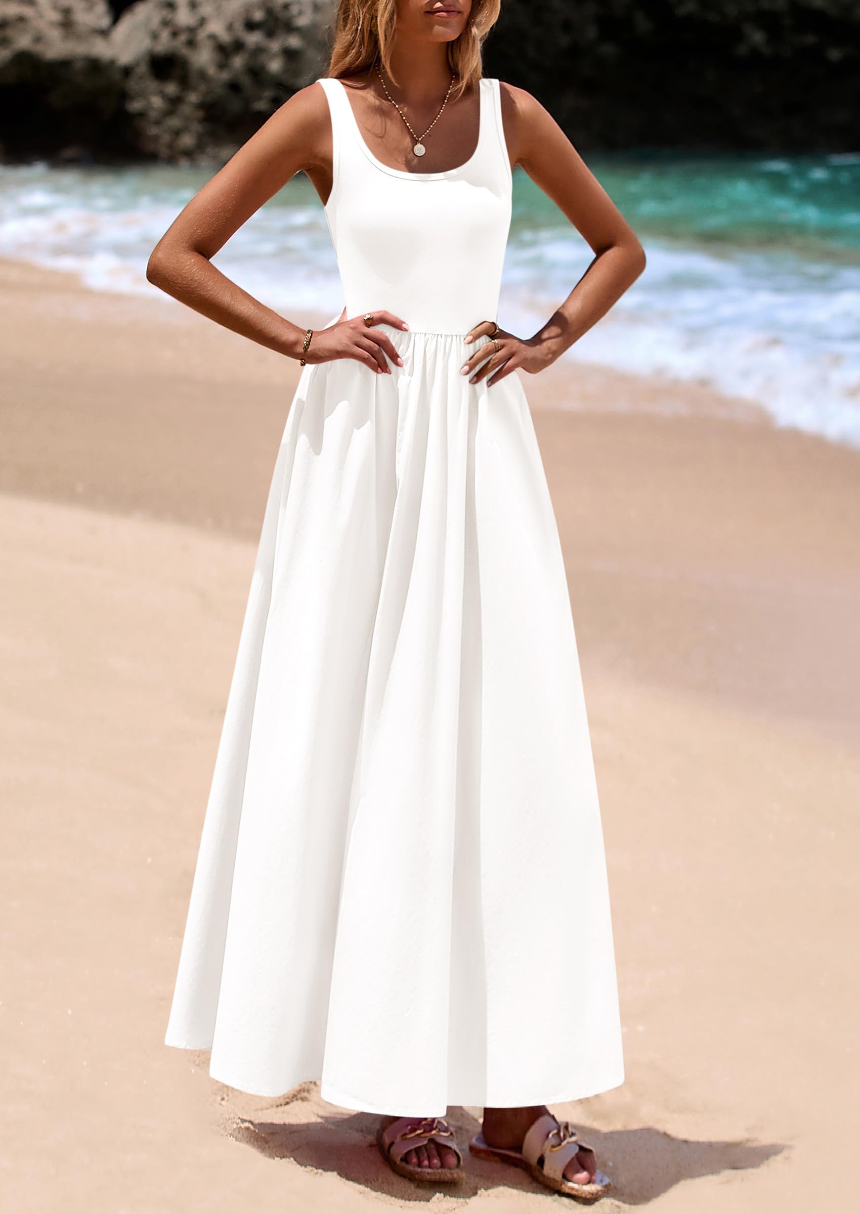 PRETTYGARDEN Womens Summer Casual Scoop Neck Sleeveless Long Dresses Tank Top Patchwork Aline Swing Maxi Dress with Pockets