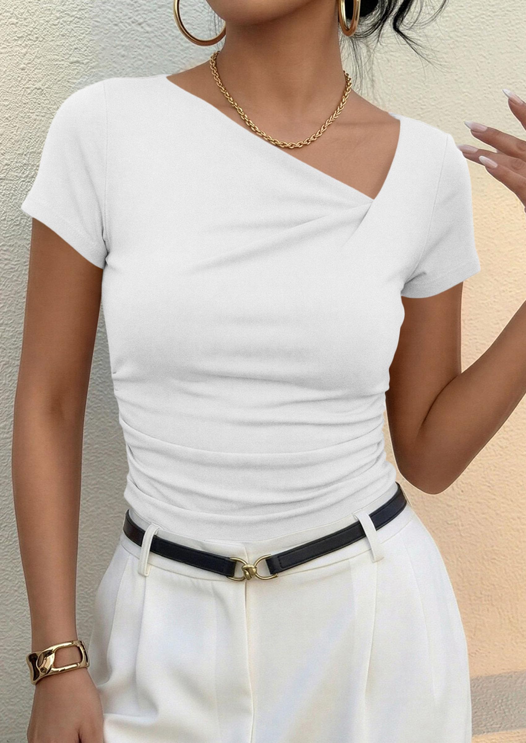 PRETTYGARDEN Women's Summer Asymmetrical Y2K Tops Trendy Ribbed Short Sleeve Fitted Tee Shirts Spring Fashion Clothing PRETTYGARDEN