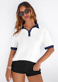 PRETTYGARDEN Summer Short Sleeve Polo Shirts for Women Collared V Neck Work Dressy Tops Knit Loose Business Casual Outfits PRETTYGARDEN