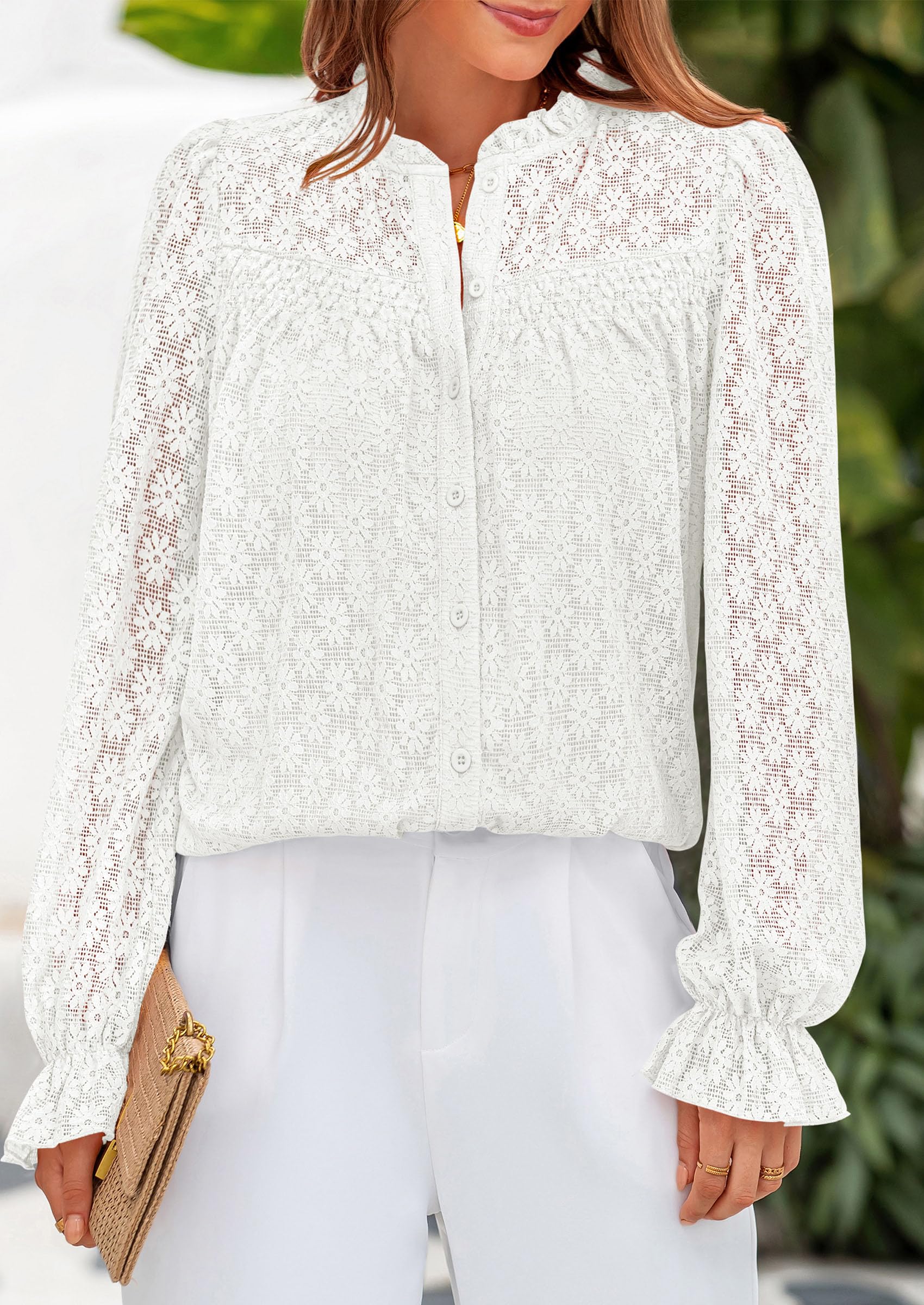 PRETTYGARDEN Lace Long Sleeve Tops for Women Eyelet Blouses Dressy Casual Hollow Out Button Down Shirts Summer Outfits