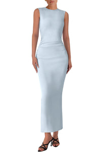 Women's Summer Wedding Guest Dresses 2025 Sleeveless Ruched Bodycon Fitted Maxi Long Cocktail Dress with Slit