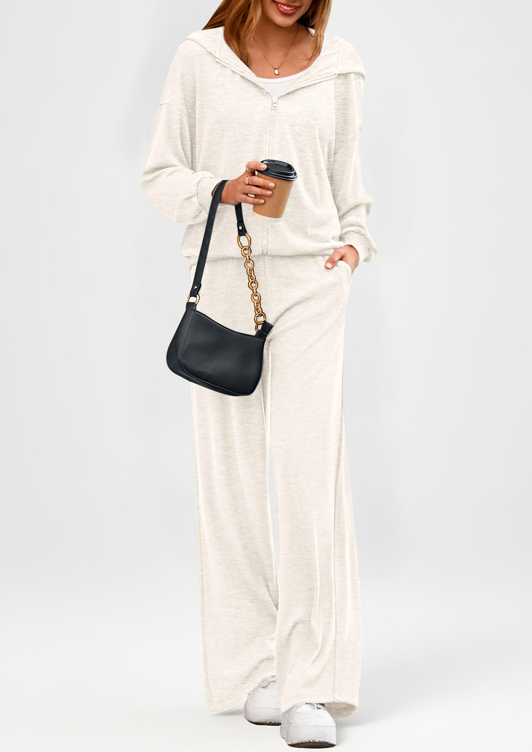 PRETTYGARDEN Women's 2 Piece Fall Lounge Sets Zip Up Hoodie Wide Leg Pants Tracksuit Matching Travel Outfits Clothes