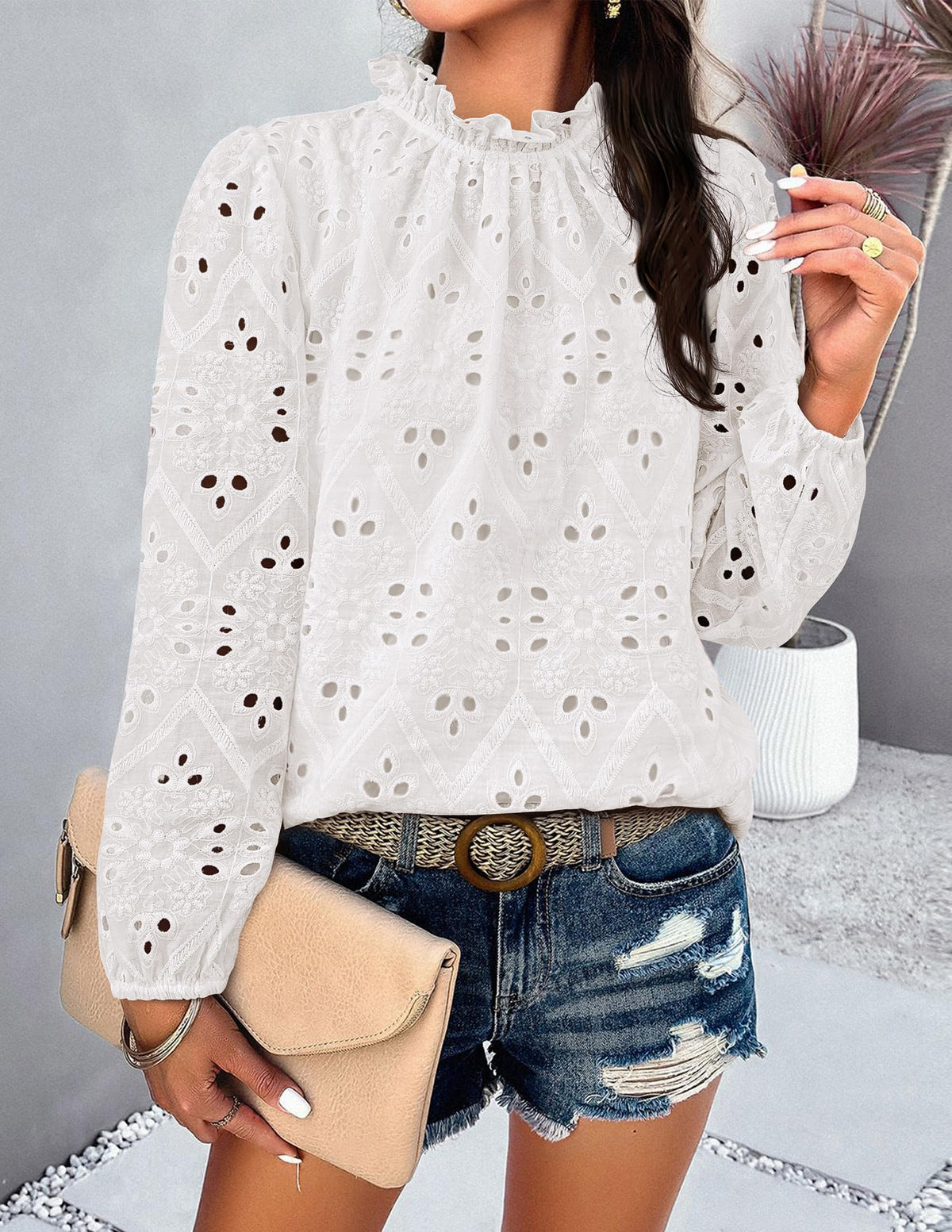 Womens Blouses Dressy Casual Embroidered Long Puff Sleeve Shirts Ruffle Eyelet Lace Top Fall Clothes