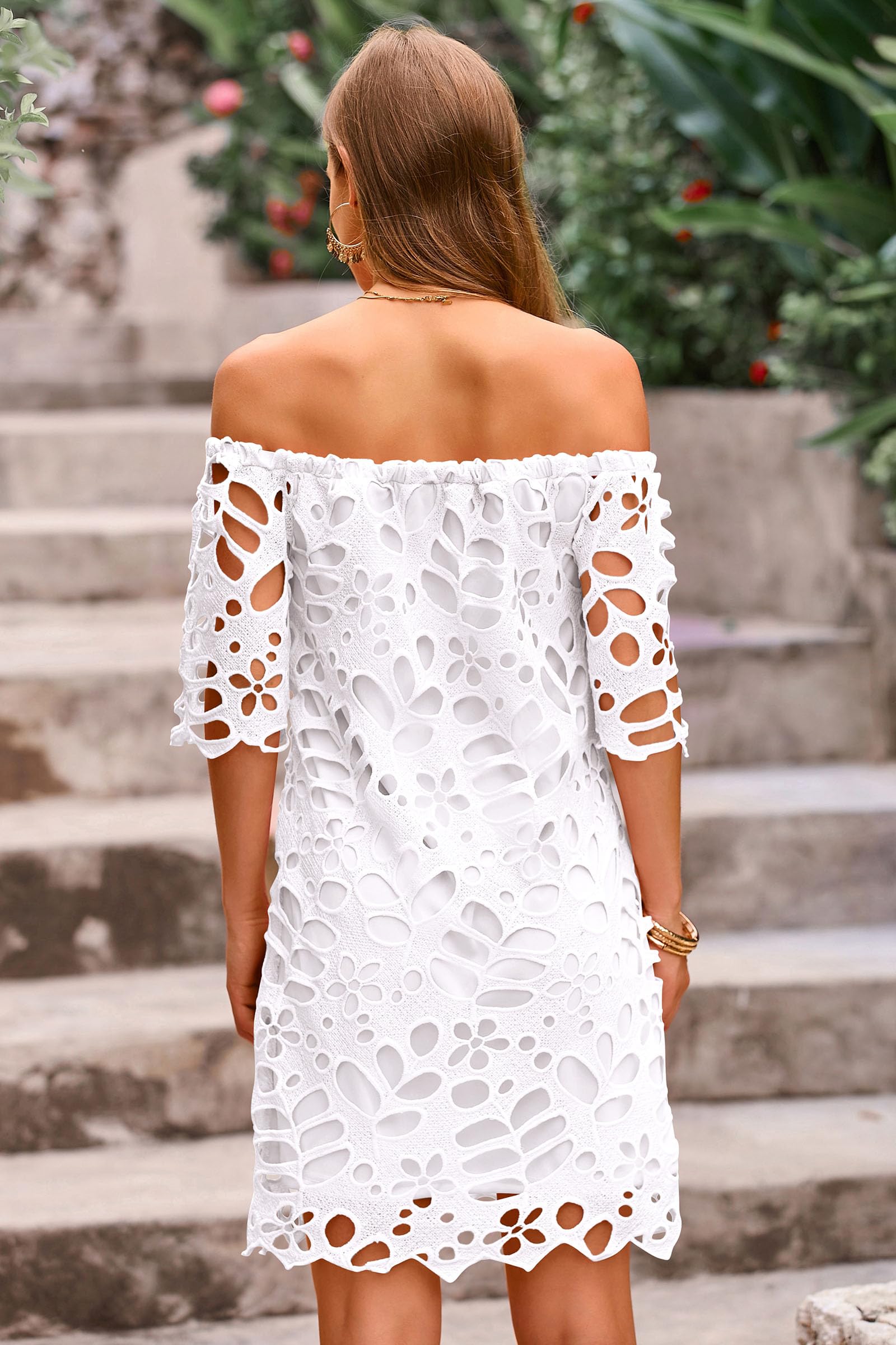 PRETTYGARDEN Women's Summer Off Shoulder Dresses Floral Lace Flare Short Sleeve Spring Vintage Elegant Mini Dress