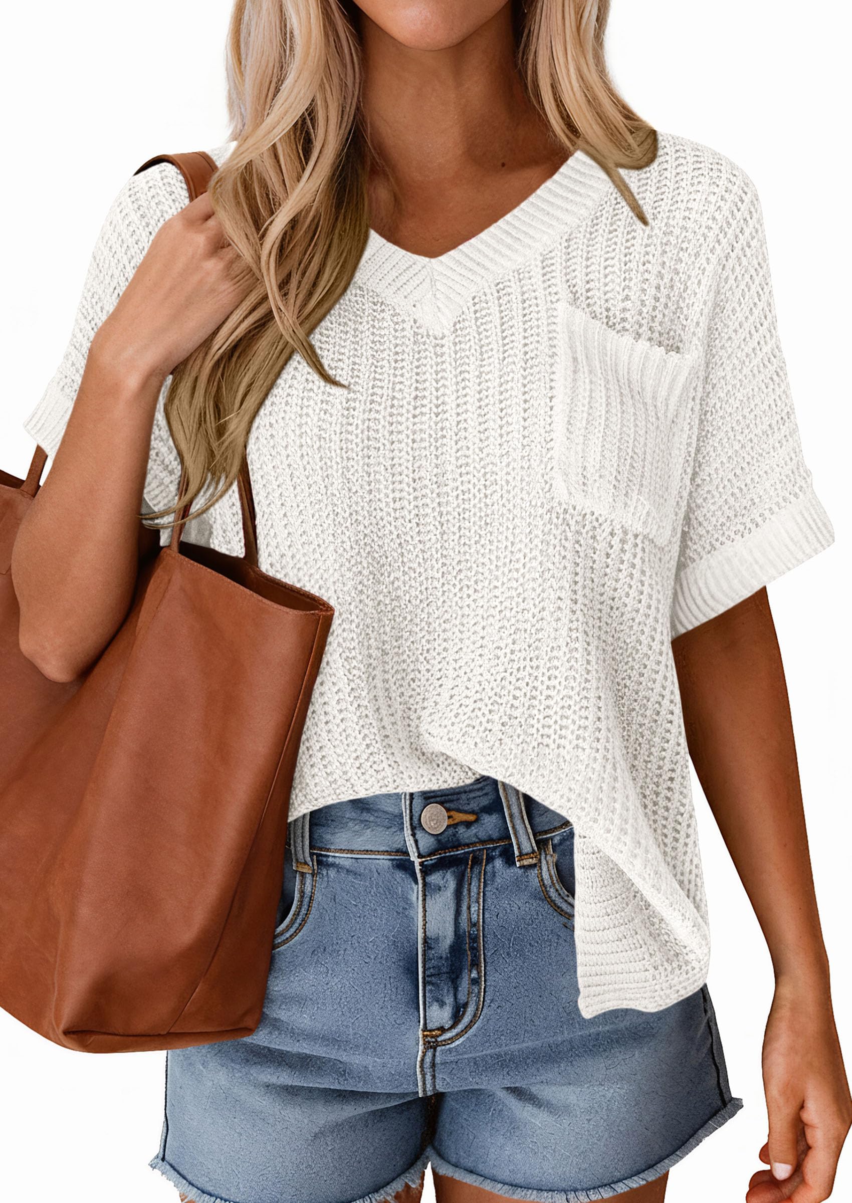 PRETTYGARDEN Women's Spring Short Sleeve Sweaters Lightweight V Neck Casual Going Out Summer T PRETTYGARDEN