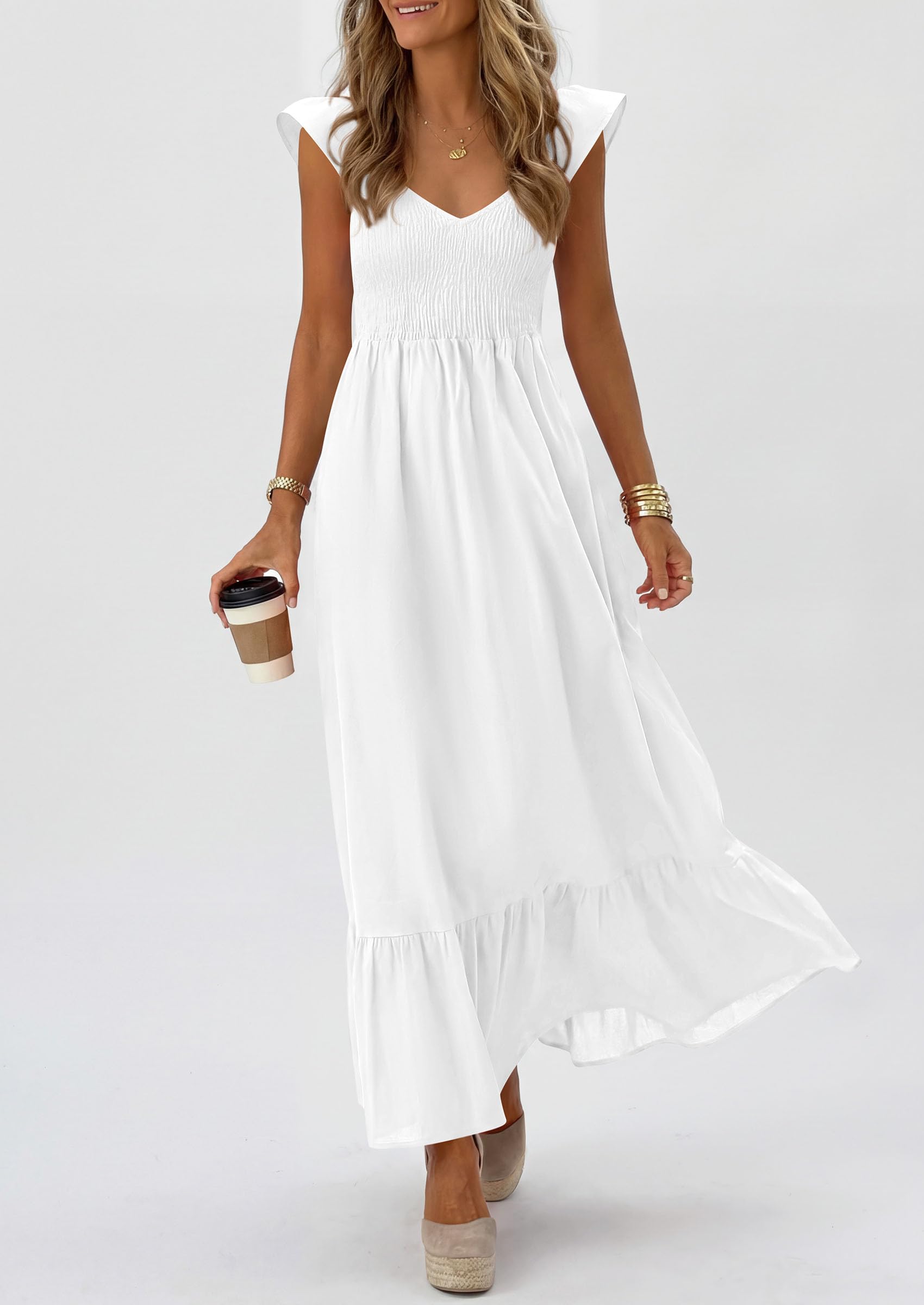 PRETTYGARDEN Women's Summer Casual Maxi Dresses Cap Sleeve V Neck Smocked Long Pockets Party Sundress Vacation Outfits PRETTYGARDEN