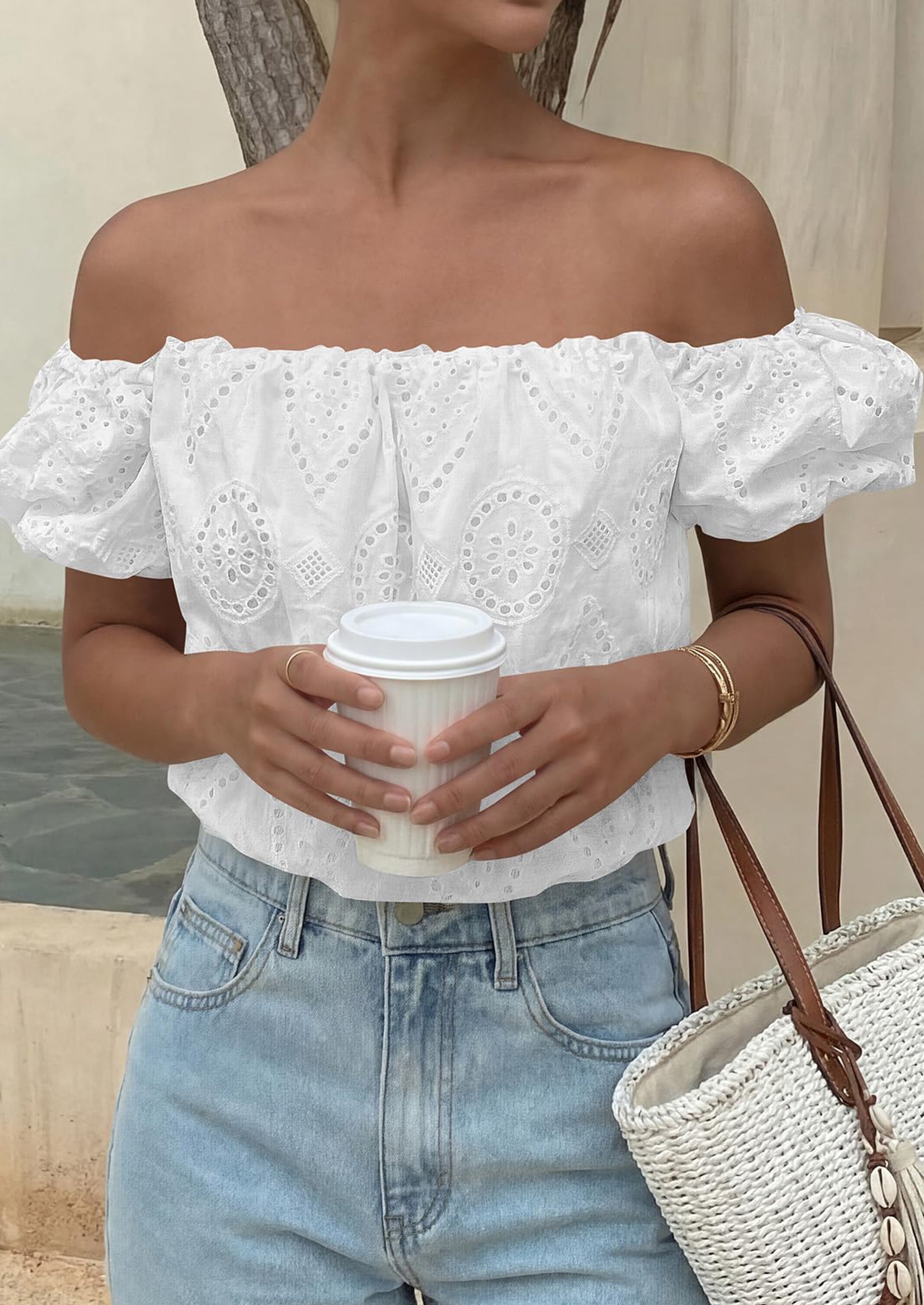 PRETTYGARDEN Women's Summer Off The Shoulder Tops Dressy Casual Puff Short Sleeve Embroidered Eyelet Cute Blouse Shirts PRETTYGARDEN