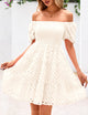 Womens Summer Puff Sleeve Mini Dress Off Shoulder Eyelet Smocked A Line Casual Babydoll Short Dresses