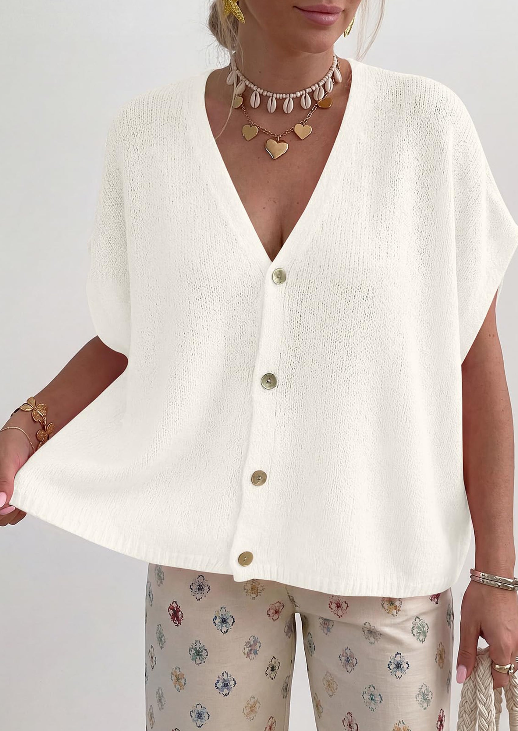 PRETTYGARDEN Batwing Short Sleeve Summer Cardigan Sweaters for Women Lightweight V Neck Button Oversized Sweater Tops PRETTYGARDEN