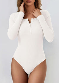 PRETTYGARDEN Long Sleeve Bodysuits for Women Ribbed Knit Henley Button Up Slim Fitted Basic Tops Winter Fashion Clothing PRETTYGARDEN