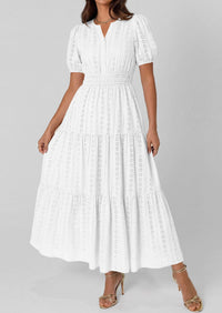 PRETTYGARDEN Womens Summer Maxi Dresses Casual Puff Sleeve V Neck Smocked Flowy Eyelet Cotton Dress Spring Sundress PRETTYGARDEN