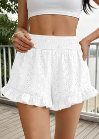 PRETTYGARDEN Summer Shorts for Women Boho Elastic Waist Ruffle Casual Hollow Out Embroidered Beach Bottoms with Pockets PRETTYGARDEN