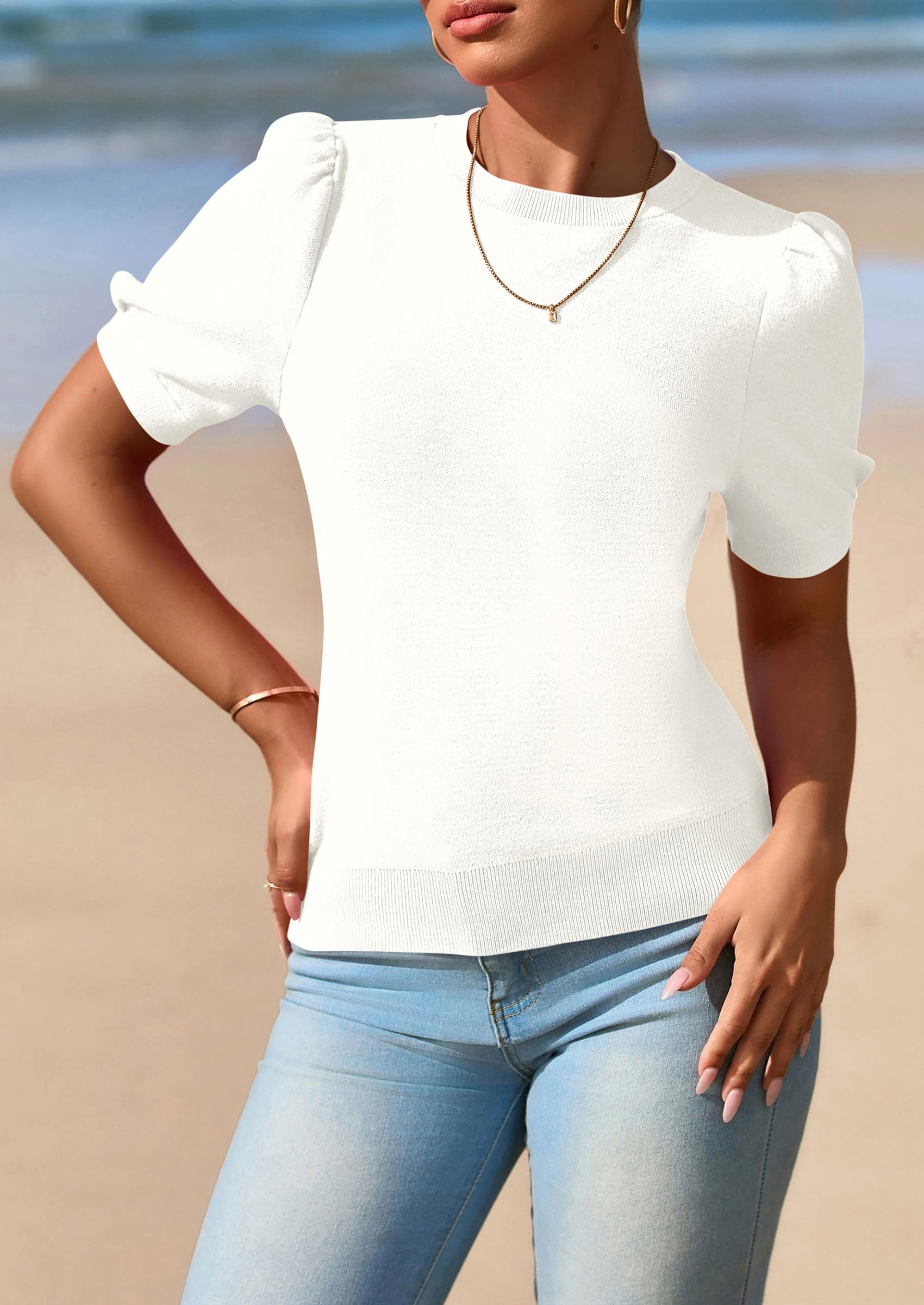 PRETTYGARDEN Womens Tops Spring Summer Puff Short Sleeve Sweater Crewneck Knit Work Blouses Dressy Casual Trendy Shirts PRETTYGARDEN